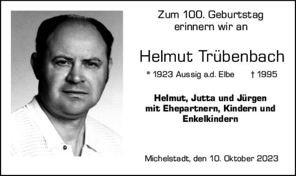  Traueranzeige für Helmut Trübenbach vom 10.10.2023 aus Odenwälder Echo