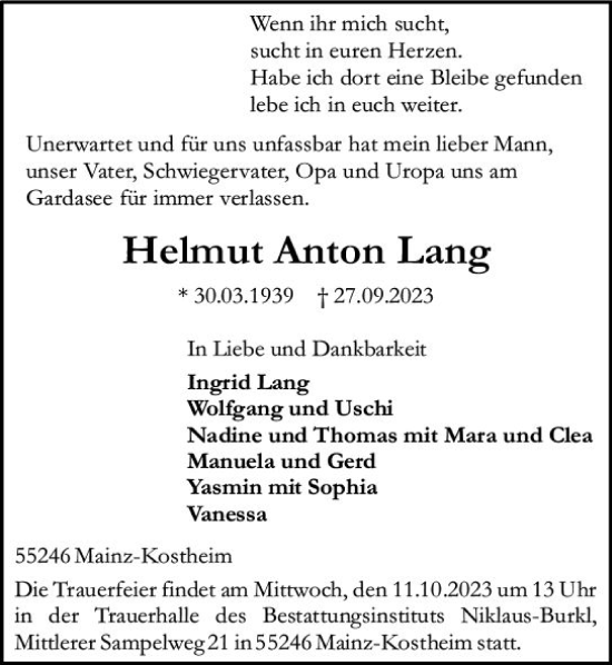 Traueranzeige von Helmut Anton Lang von Allgemeine Zeitung Mainz