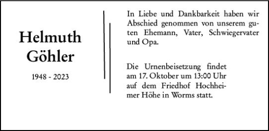 Traueranzeige von Helmuth Göhler von Darmstädter Echo