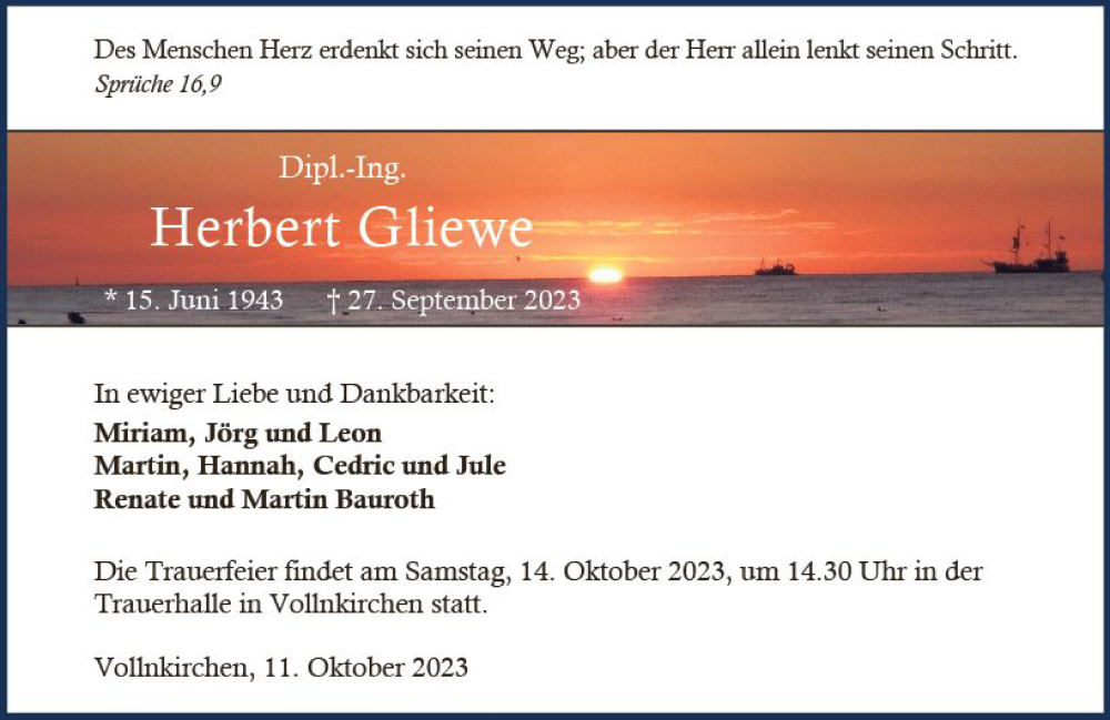  Traueranzeige für Herbert Gliewe vom 11.10.2023 aus Wetzlarer Neue Zeitung