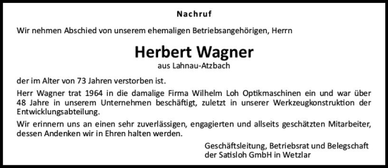 Traueranzeige von Herbert Wagner von Wetzlarer Neue Zeitung