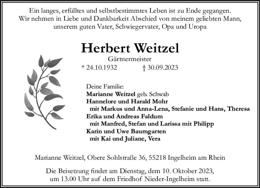  Traueranzeige für Herbert Weitzel vom 07.10.2023 aus Allgemeine Zeitung Bingen/Ingelheim