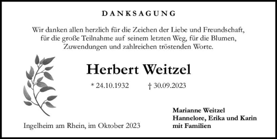 Traueranzeige von Herbert Weitzel von Allgemeine Zeitung Bingen/Ingelheim