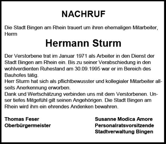 Traueranzeige von Hermann Sturm von Allgemeine Zeitung Bingen/Ingelheim