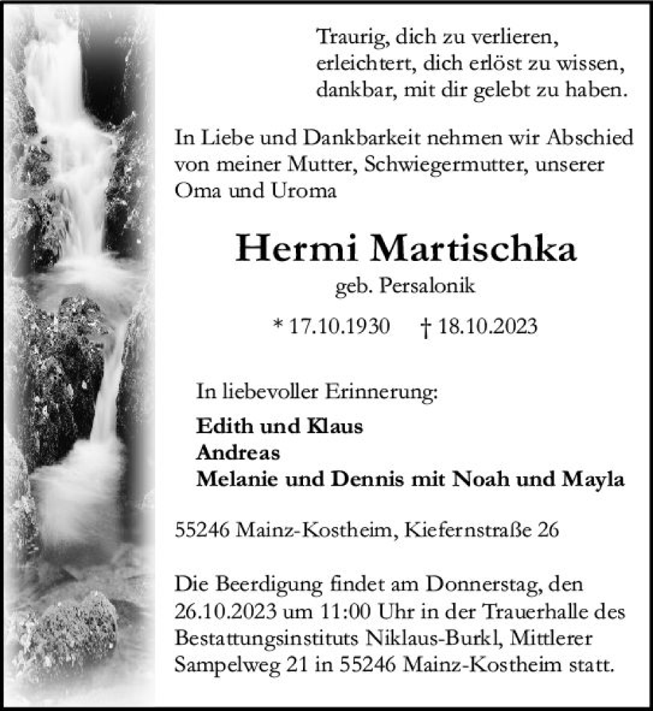  Traueranzeige für Hermi Martischka vom 21.10.2023 aus Allgemeine Zeitung Mainz