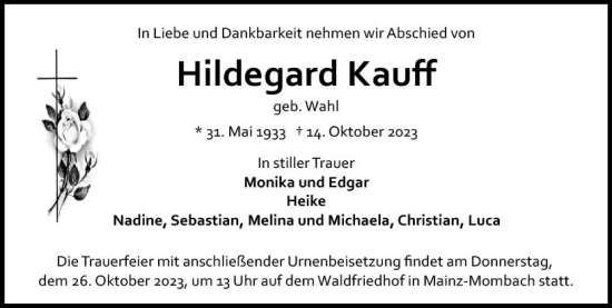 Traueranzeige von Hildegard Kauff von Allgemeine Zeitung Mainz