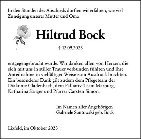 Traueranzeige von Hiltrud Bock von Hinterländer Anzeiger