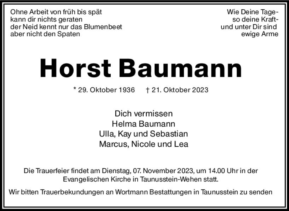  Traueranzeige für Horst Baumann vom 28.10.2023 aus Wiesbadener Kurier