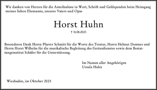Traueranzeige von Horst Huhn von Wiesbadener Kurier