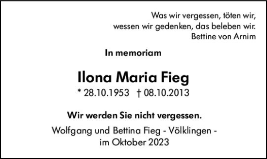 Traueranzeige von Ilona Maria Fieg von Wetzlarer Neue Zeitung
