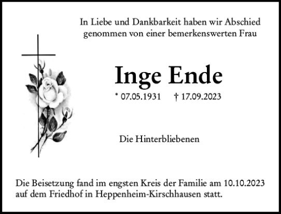 Traueranzeige von Inge Ende von Starkenburger Echo