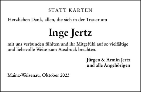Traueranzeige von Inge Jertz von Allgemeine Zeitung Mainz