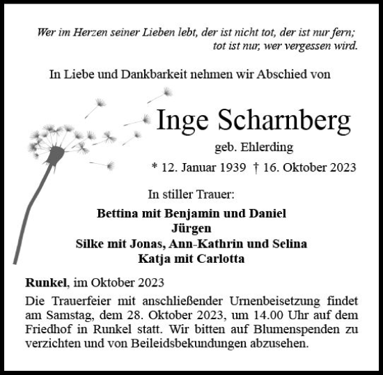 Traueranzeige von Inge Scharnberg von Nassauische Neue Presse
