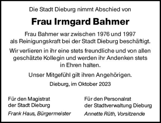 Traueranzeige von Irmgard Bahmer von Dieburger Anzeiger/Groß-Zimmerner Lokal-Anzeiger
