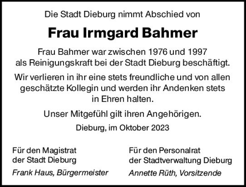  Traueranzeige für Irmgard Bahmer vom 07.10.2023 aus Dieburger Anzeiger/Groß-Zimmerner Lokal-Anzeiger