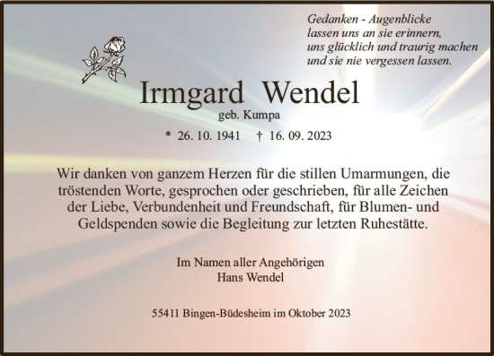 Traueranzeige von Irmgard Wendel von Allgemeine Zeitung Bingen/Ingelheim