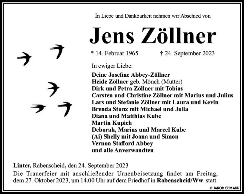  Traueranzeige für Jens Zöllner vom 21.10.2023 aus Dill Block