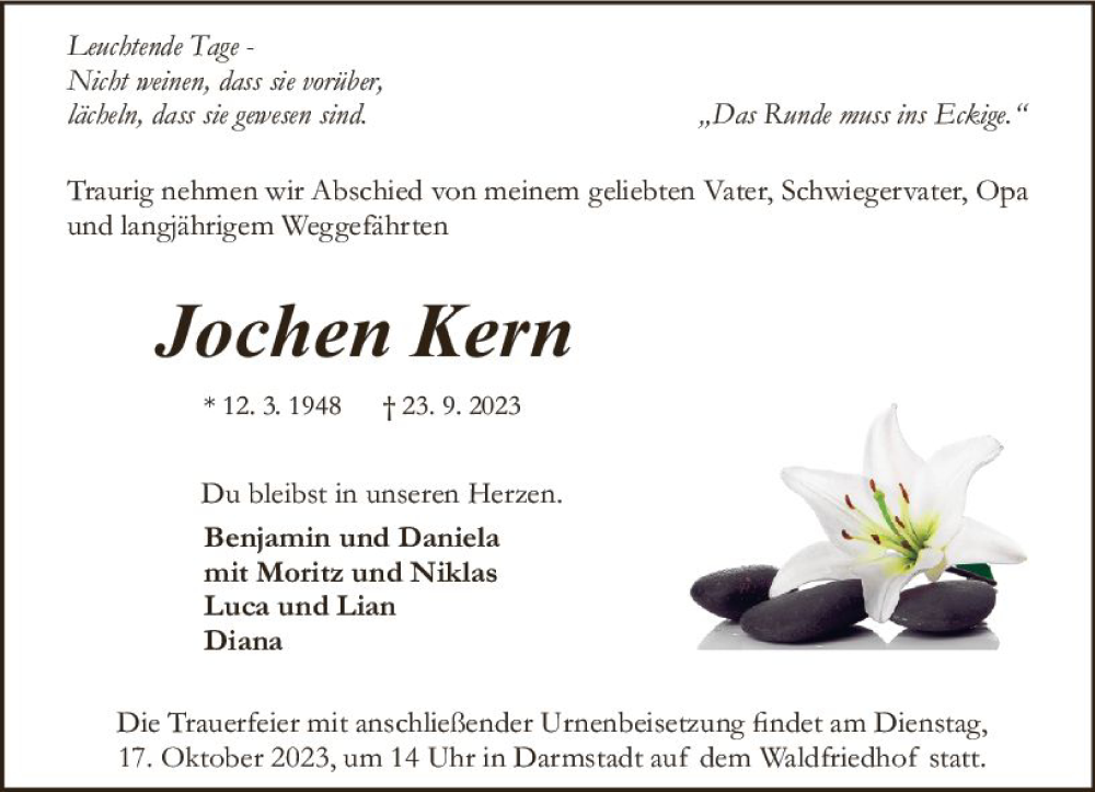  Traueranzeige für Jochen Kern vom 07.10.2023 aus Darmstädter Echo