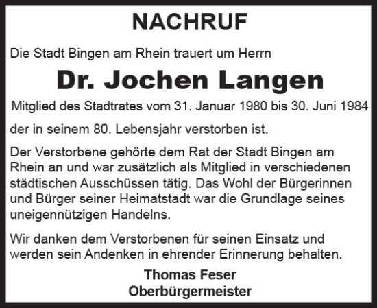 Traueranzeige von Jochen Langen von Allgemeine Zeitung Bingen/Ingelheim