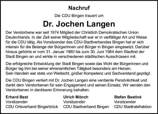 Traueranzeige von Jochen Langen von Allgemeine Zeitung Bingen/Ingelheim