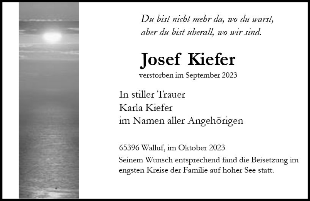  Traueranzeige für Josef Kiefer vom 14.10.2023 aus Wiesbadener Kurier