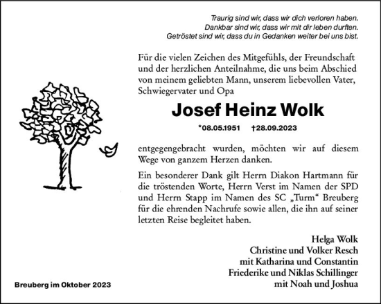 Traueranzeige von Josef Heinz Wolk von Odenwälder Echo