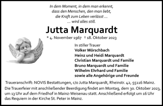 Traueranzeige von Jutta Marquardt von Allgemeine Zeitung Mainz