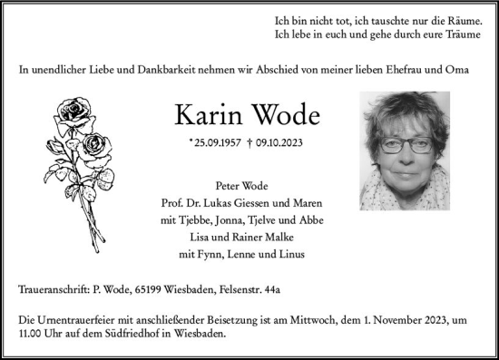 Traueranzeige von Karin Wode von Wiesbadener Kurier