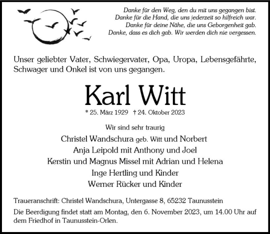 Traueranzeige von Karl Witt von Wiesbadener Kurier