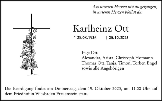 Traueranzeige von Karlheinz Ott von Wiesbadener Kurier