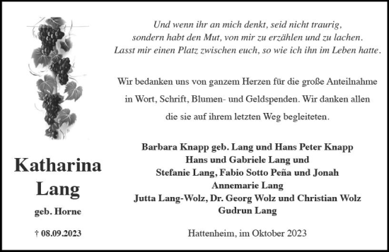 Traueranzeige von Katharina Lang von Wiesbadener Kurier