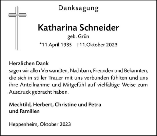 Traueranzeige von Katharina Schneider von Starkenburger Echo