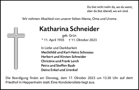 Traueranzeige von Katharina Schneider von Starkenburger Echo