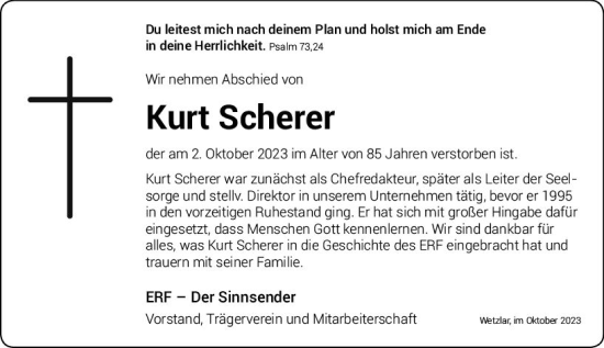 Traueranzeige von Kurt Scherer von Wetzlarer Neue Zeitung