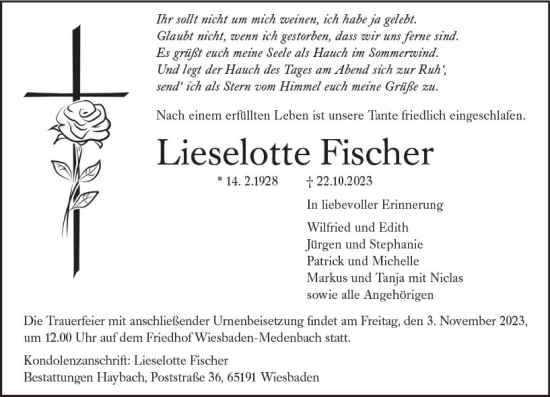 Traueranzeige von Lieselotte Fischer von Wiesbadener Kurier