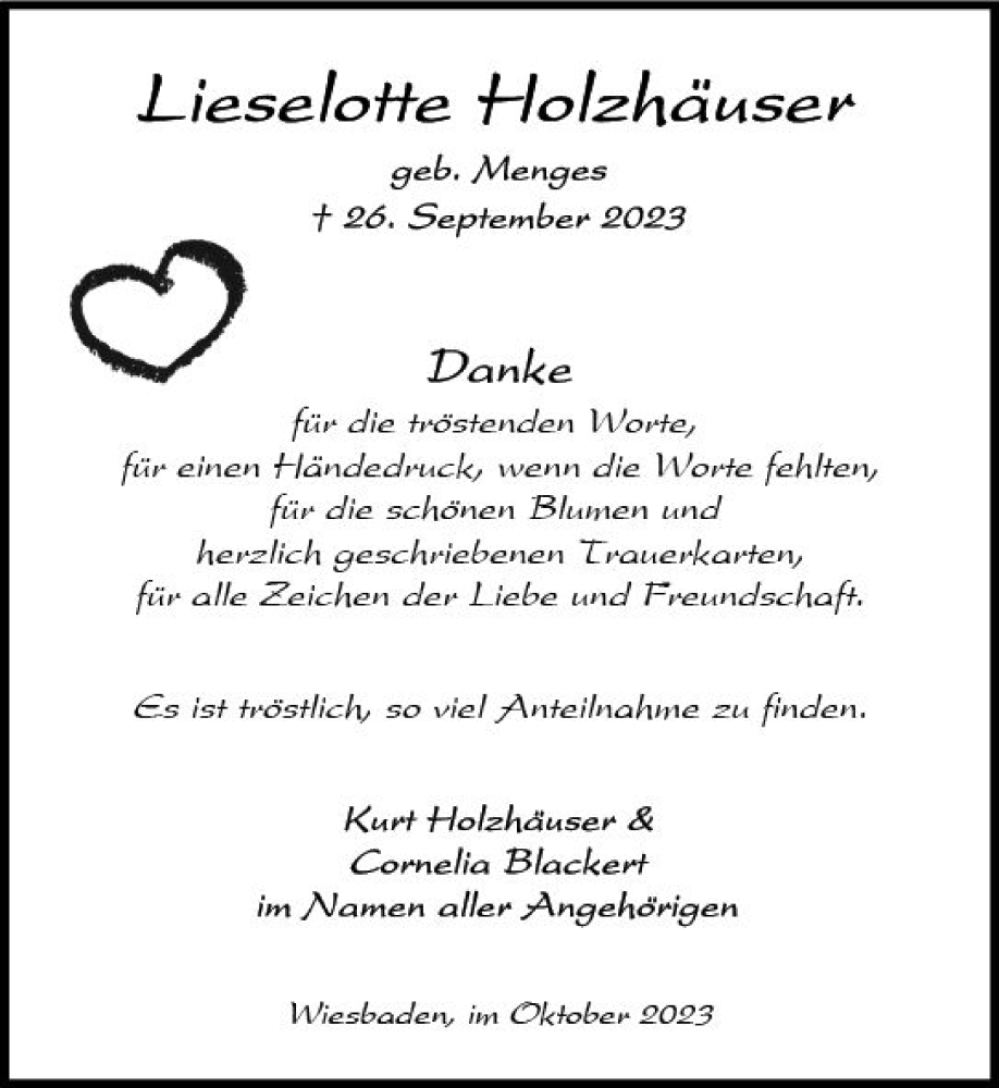  Traueranzeige für Lieselotte Holzhäuser vom 14.10.2023 aus Wiesbadener Kurier