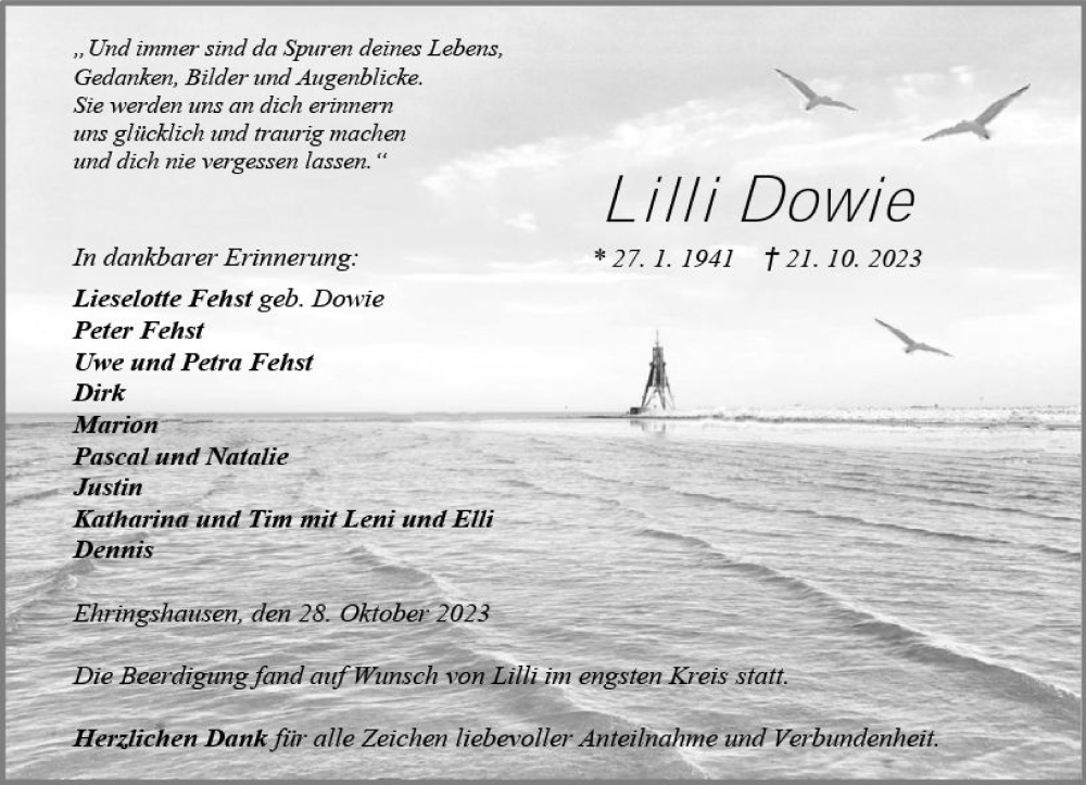  Traueranzeige für Lilli Dowie vom 28.10.2023 aus Wetzlarer Neue Zeitung