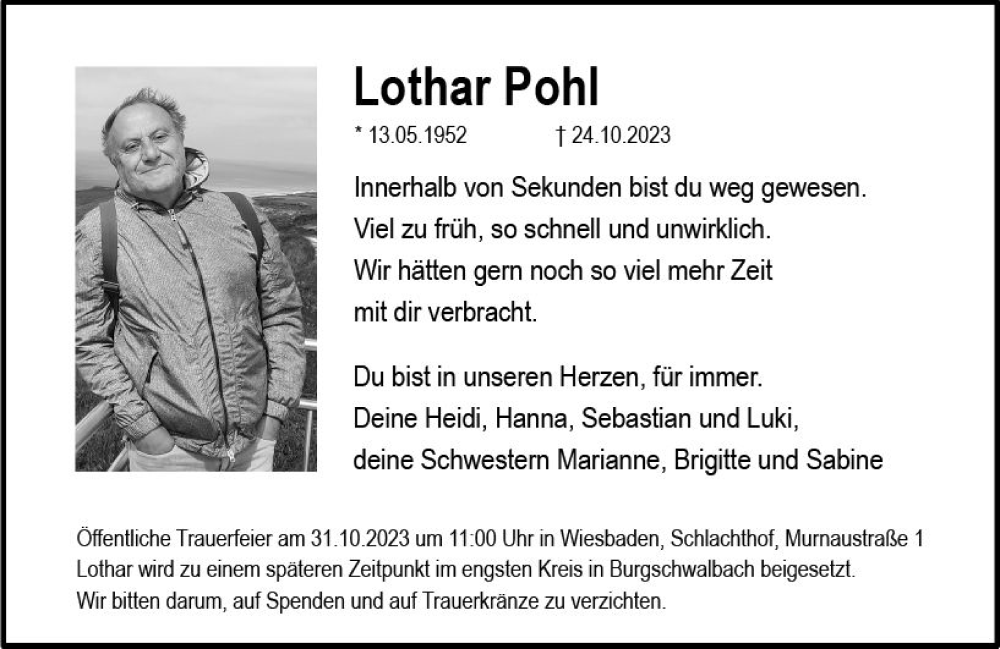 Traueranzeige für Lothar Pohl vom 28.10.2023 aus Wiesbadener Kurier
