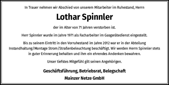Traueranzeige von Lothar Spinnler von Allgemeine Zeitung Mainz