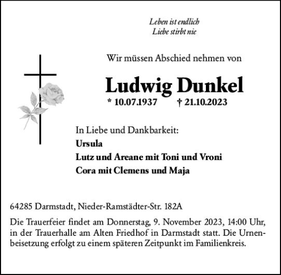 Traueranzeige von Ludwig Dunkel von Darmstädter Echo