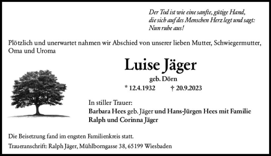 Traueranzeige von Luise Jäger von Wiesbadener Kurier