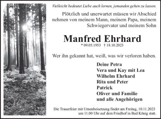 Traueranzeige von Manfred Ehrhard von Odenwälder Echo