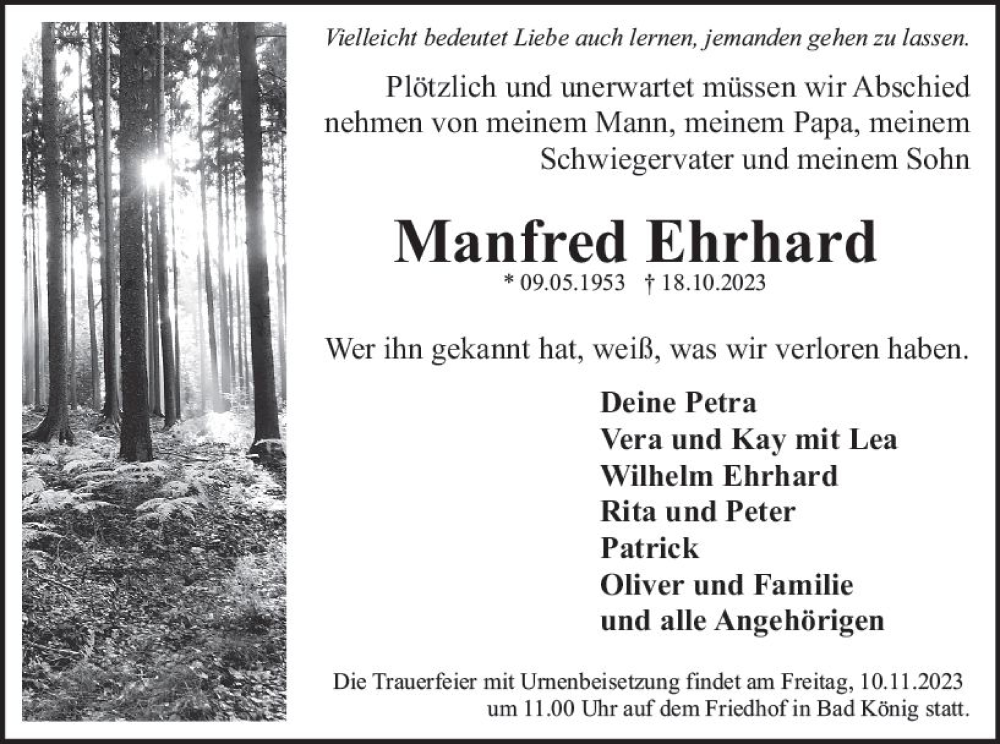  Traueranzeige für Manfred Ehrhard vom 28.10.2023 aus Odenwälder Echo