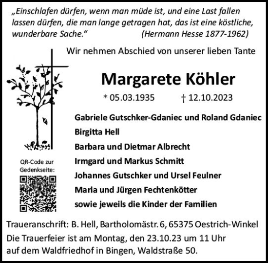 Traueranzeige von Margarete Köhler von Allgemeine Zeitung Bingen/Ingelheim