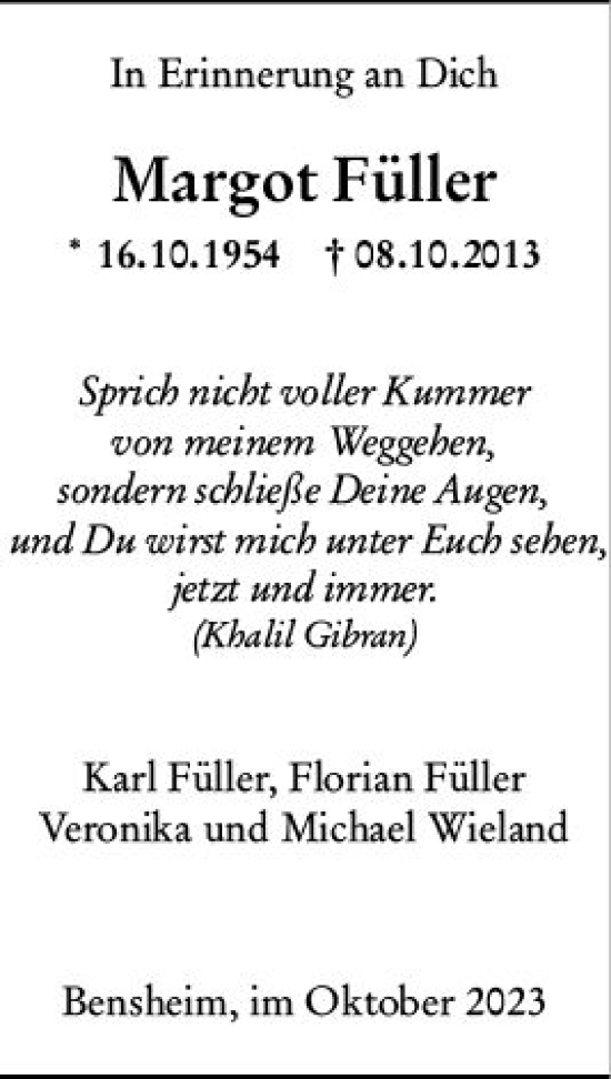 Traueranzeige von Margot Füller von Bergsträßer Anzeiger