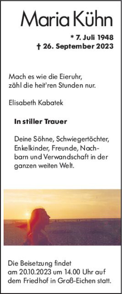  Traueranzeige für Maria Kühn vom 14.10.2023 aus VRM Trauer
