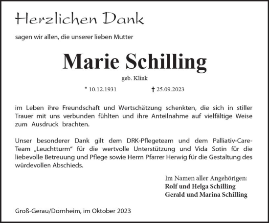 Traueranzeige von Marie Schilling von Groß-Gerauer Echo