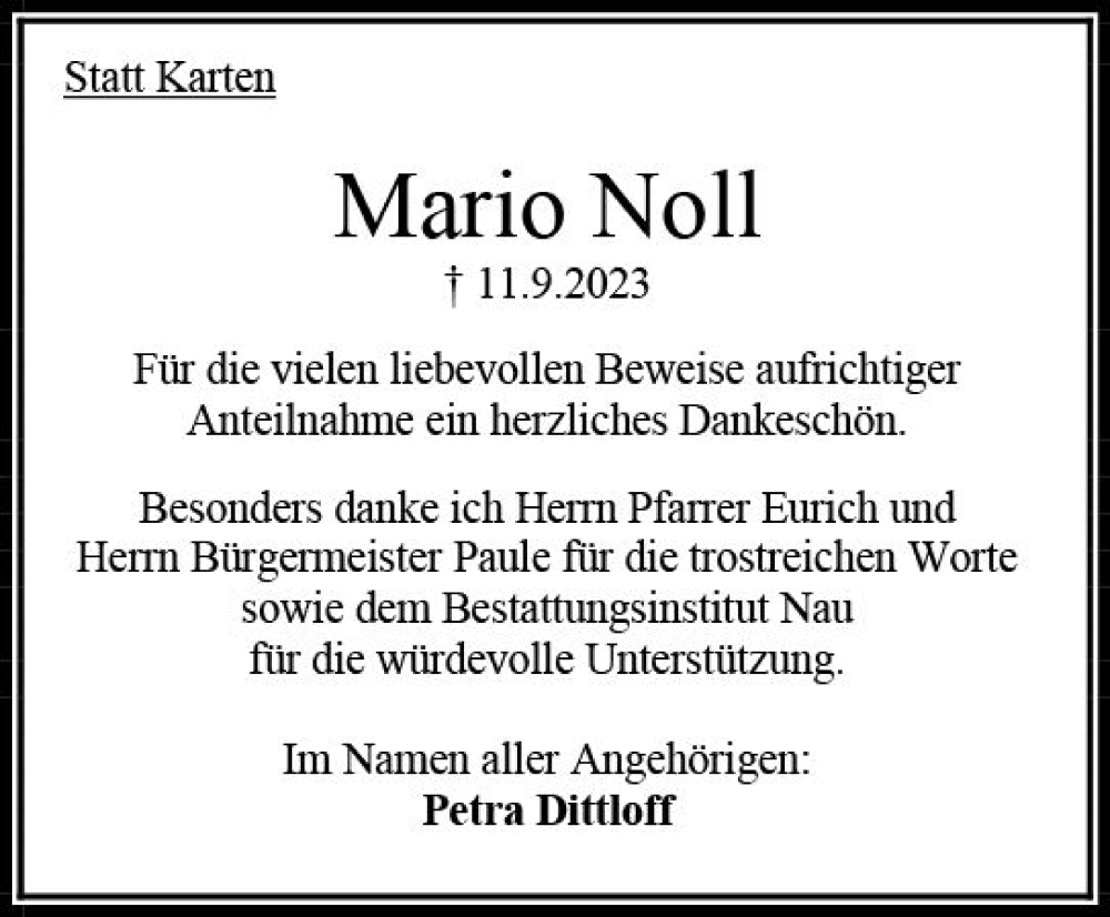  Traueranzeige für Mario Noll vom 21.10.2023 aus Oberhessen Kurier