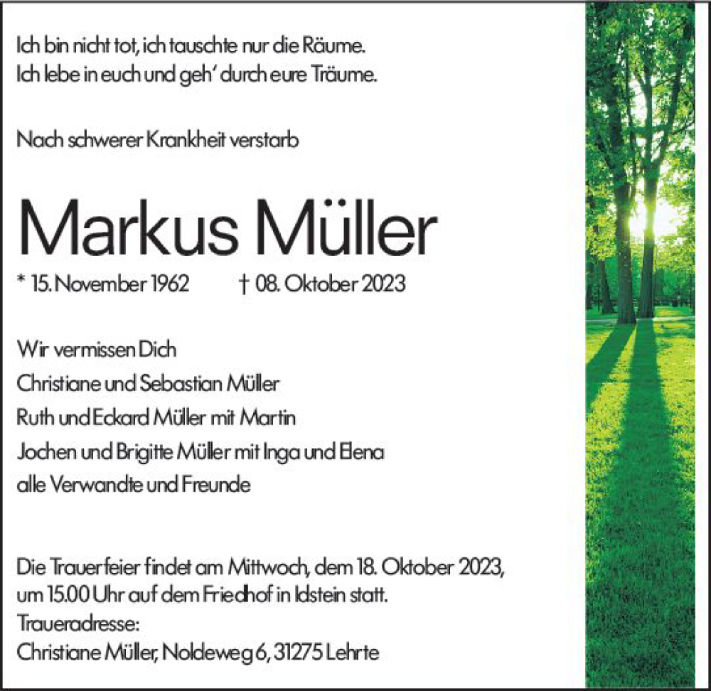  Traueranzeige für Markus Müller vom 14.10.2023 aus Idsteiner Land/Untertaunus