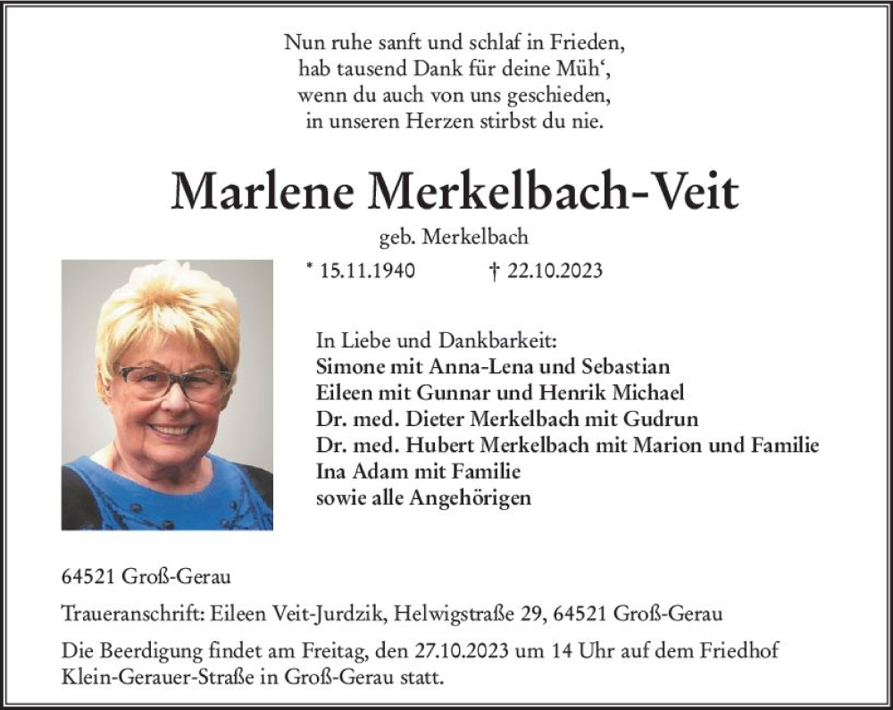  Traueranzeige für Marlene Merkelbach-Veit vom 25.10.2023 aus Groß-Gerauer Echo